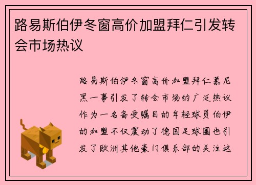 路易斯伯伊冬窗高价加盟拜仁引发转会市场热议